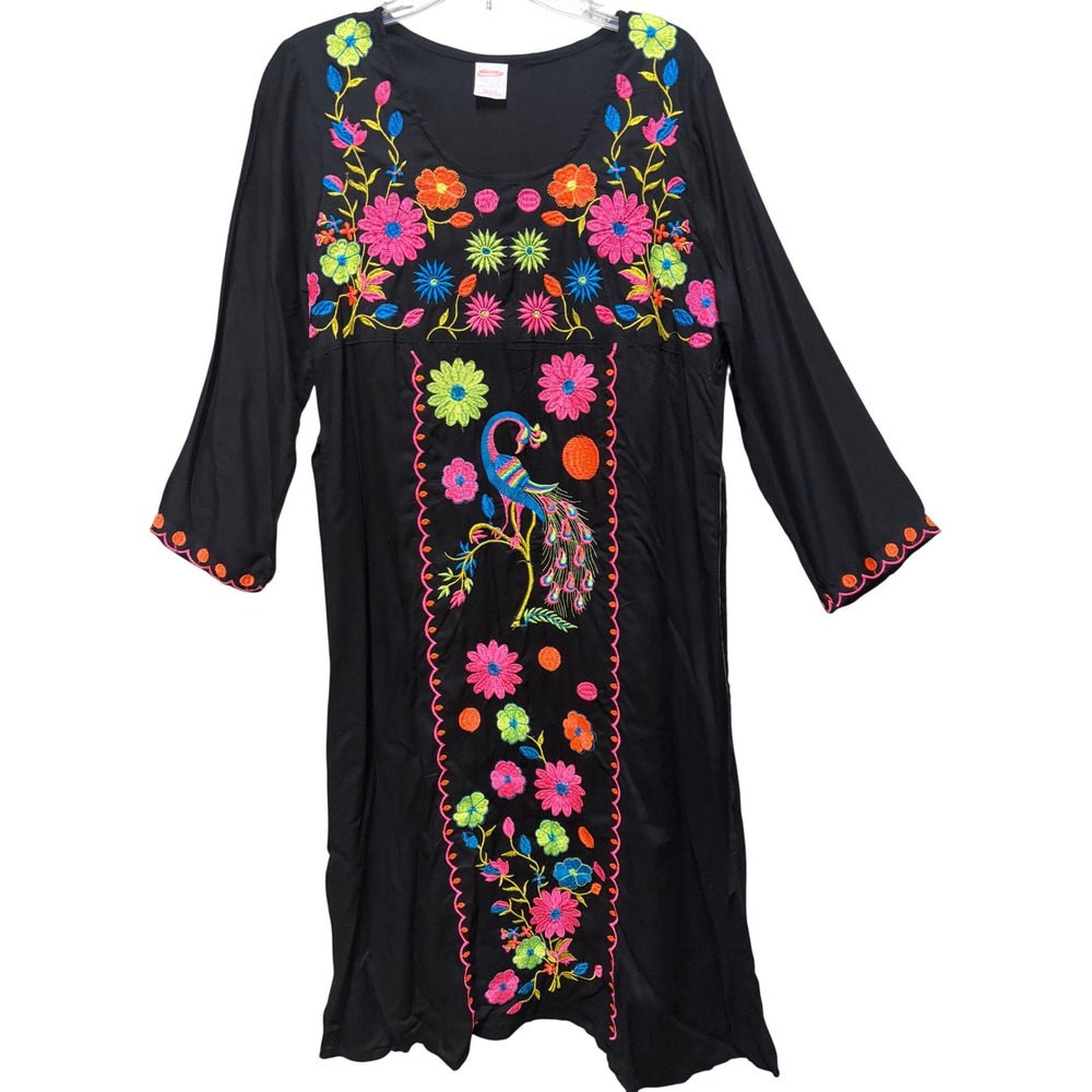 Viera Black Embroidered Peacock Floral Dress 3/4 Sleeve One Size OS